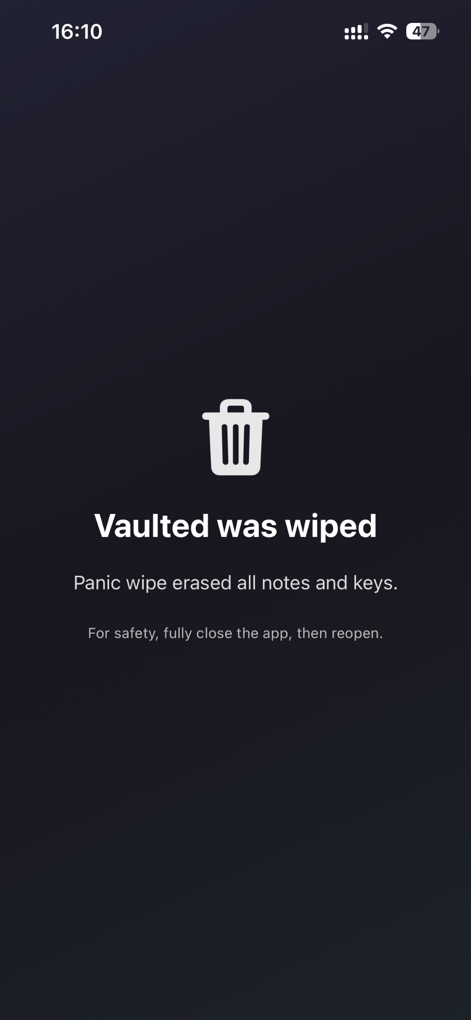 Vaulted wiped confirmation screen