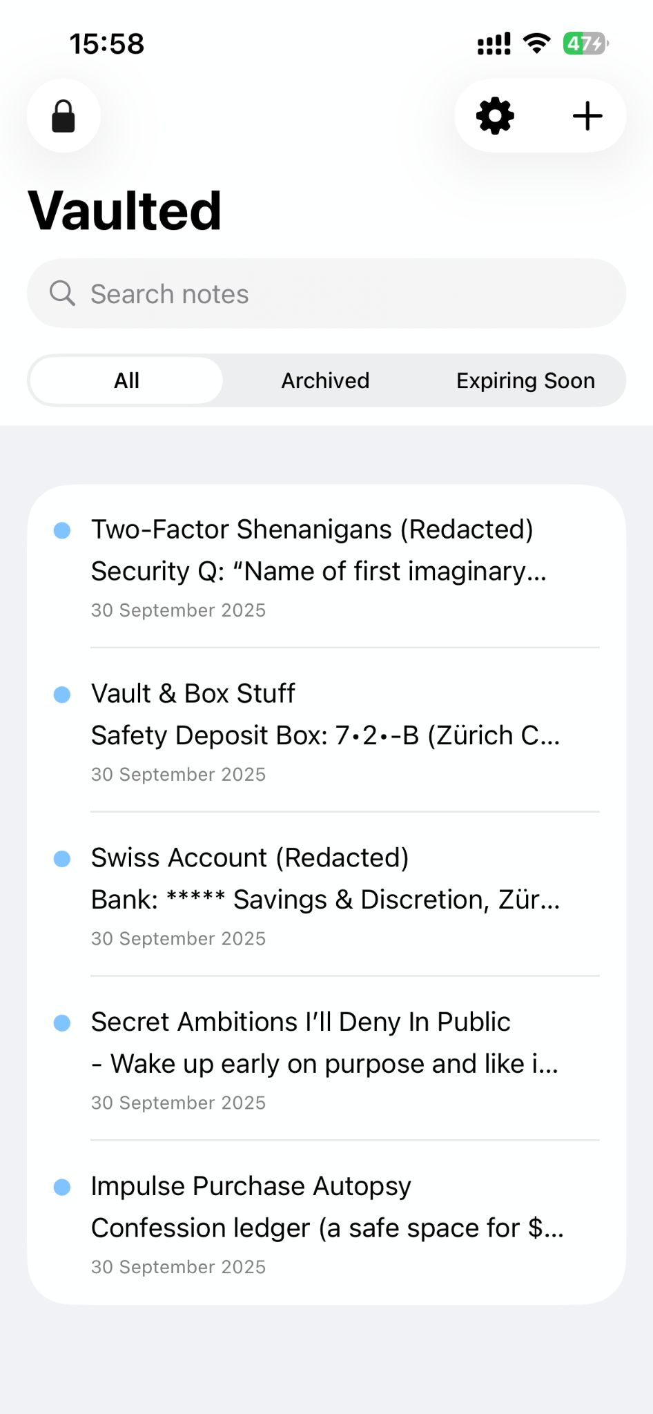 Vaulted home screen with notes list