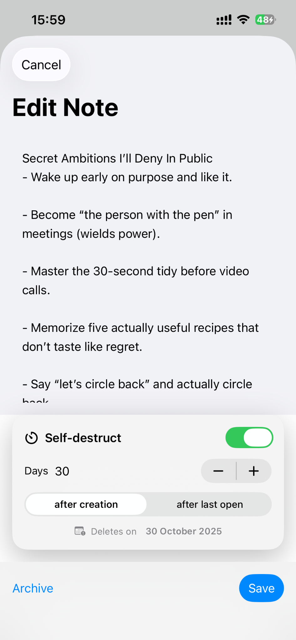 Edit note with self-destruct slider