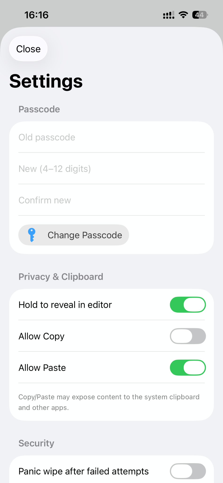 Settings page clipboard controls
