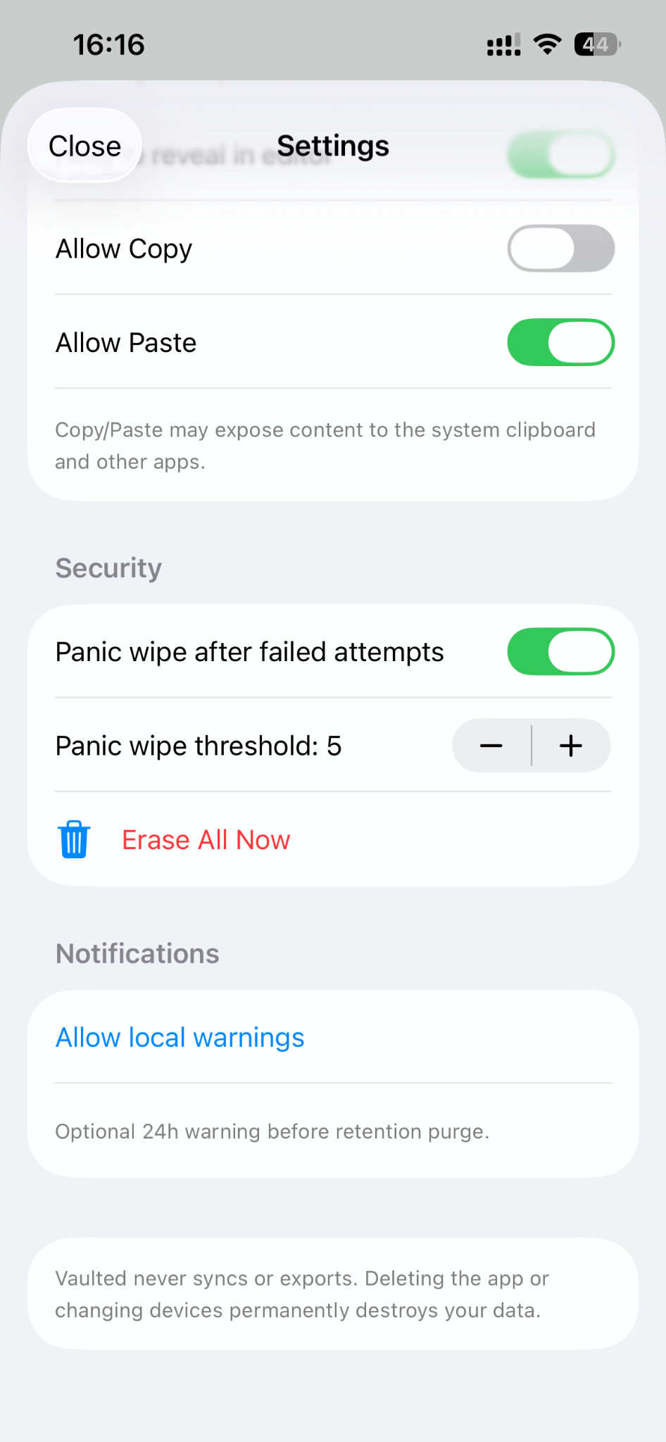 Settings page panic wipe