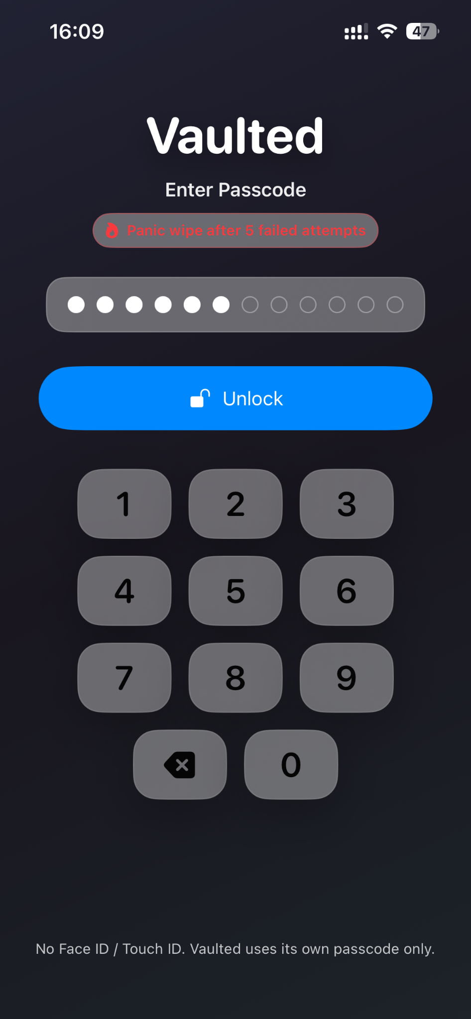 Enter passcode with panic wipe banner